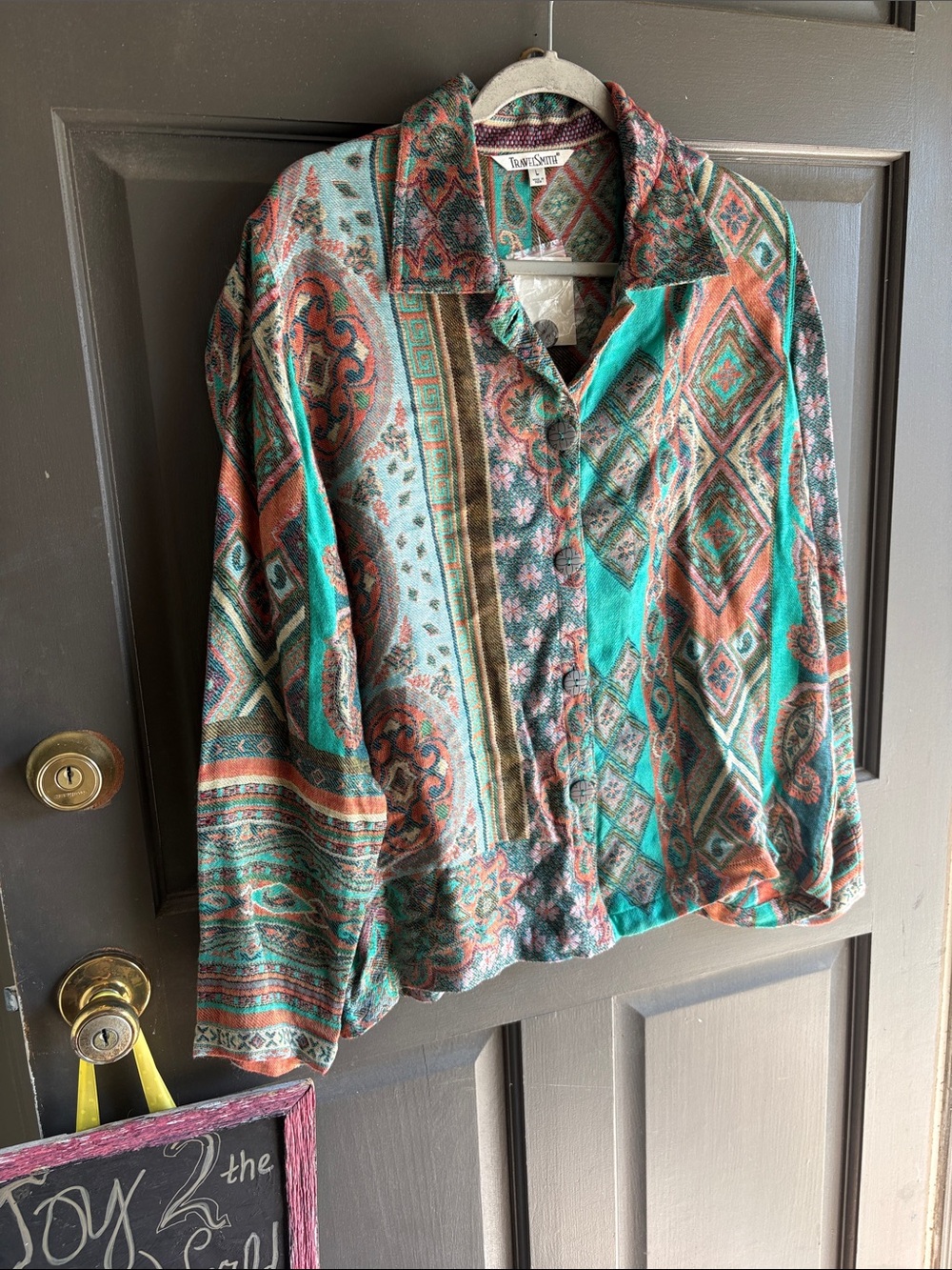 Travel Smith Button-Down Shirt in Teal and Rust Geometric Print
